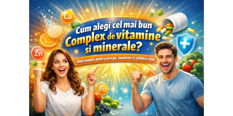 Femeie adultă zâmbitoare ținând vitamine și minerale, imagine banner pentru articol despre cum alegi cel mai bun complex de vitamine și minerale