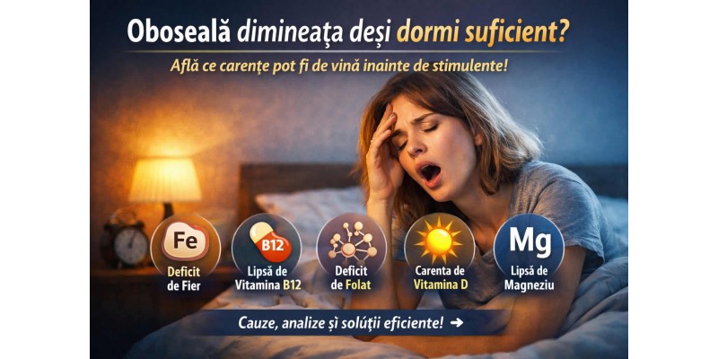 Femeie obosită dimineața în pat, deși a dormit suficient, ilustrând lipsa de energie și posibile carențe de fier, vitamina B12, vitamina D și magneziu