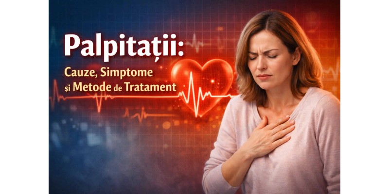 Palpitații – femeie cu mâna pe piept și ilustrație inimă, cauze, simptome și tratament natural