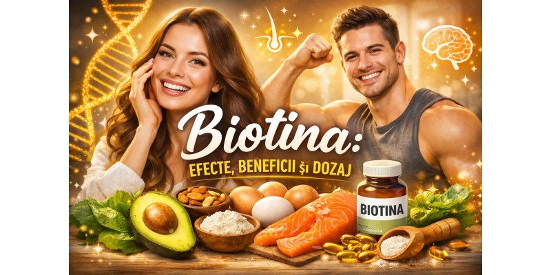 Biotina – efecte, beneficii și dozaj, banner despre vitamina B7 pentru păr, piele, unghii și metabolism