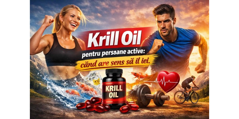 Krill Oil pentru persoane active când are sens să îl iei banner despre omega 3, recuperare și stil de viață activ