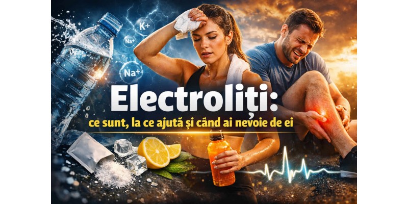 Electroliți: ce sunt, la ce ajută și când ai nevoie de ei – banner cu hidratare, crampe musculare și recuperare după efort