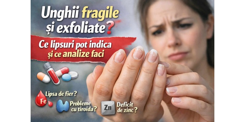Femeie îngrijorată care privește unghii fragile și exfoliate, sugestiv pentru deficit de fier, zinc sau biotină