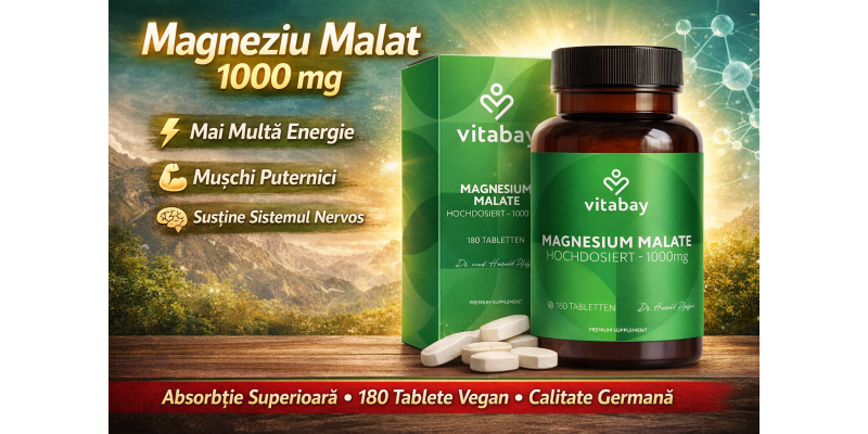 Magneziu Malat 1000 mg Vitabay – Energie & Mușchi | 180 Tablete Vegan