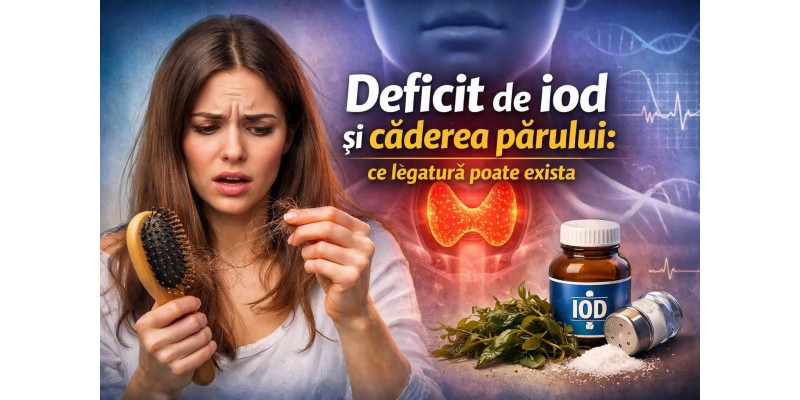 Femeie îngrijorată care observă căderea părului, cu ilustrație a tiroidei și elemente asociate deficitului de iod