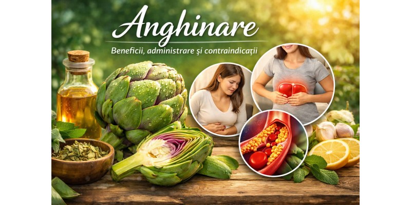 Anghinare proaspătă și extract de anghinare, banner despre beneficii, administrare și contraindicații pentru ficat, digestie și colesterol
