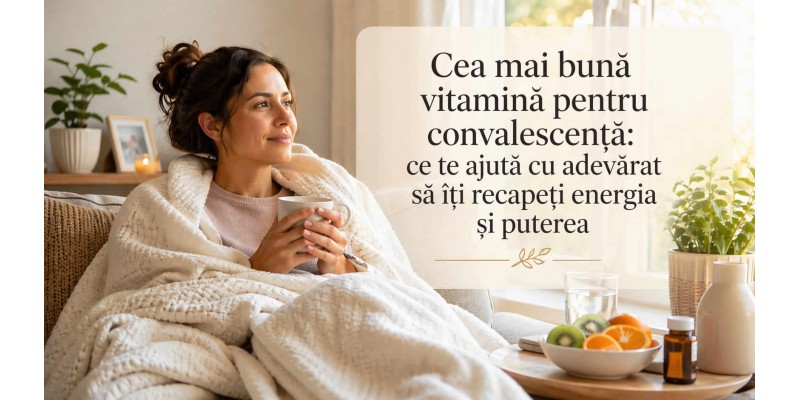 Femeie în convalescență acasă, învelită cu pătură, cu ceai, apă, fructe și vitamine pentru refacere după boală