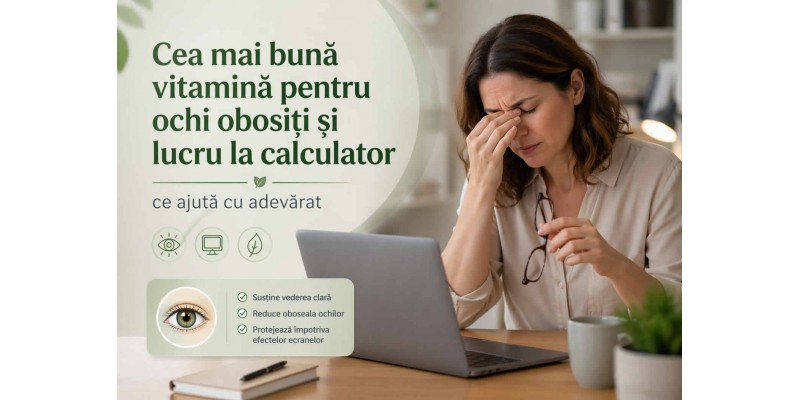 Cea mai bună vitamină pentru ochi obosiți și lucru la calculator – femeie cu ochi obosiți în fața laptopului