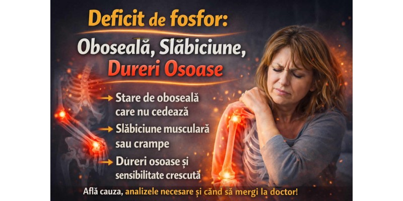 Femeie obosită cu expresie de slăbiciune și disconfort osos, ilustrare pentru deficit de fosfor