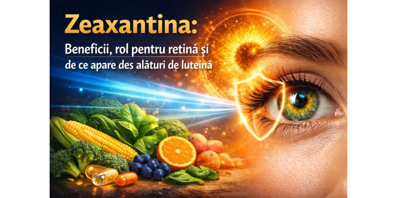 Zeaxantina pentru retină și vedere, alături de luteină, într-un banner despre sănătatea ochilor