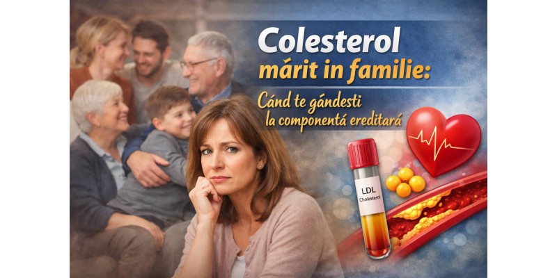 Colesterol mărit în familie și componenta ereditară, banner despre LDL mare, risc familial și hipercolesterolemie familială