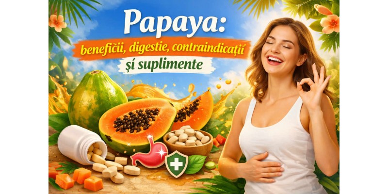 Papaya beneficii, digestie, contraindicații și suplimente cu papaya – banner informativ