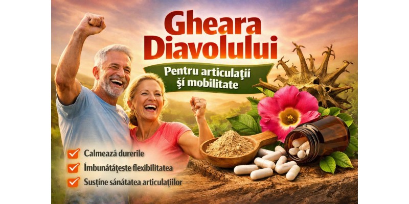 Gheara Diavolului pentru articulații, mobilitate și flexibilitate – banner informativ cu beneficii