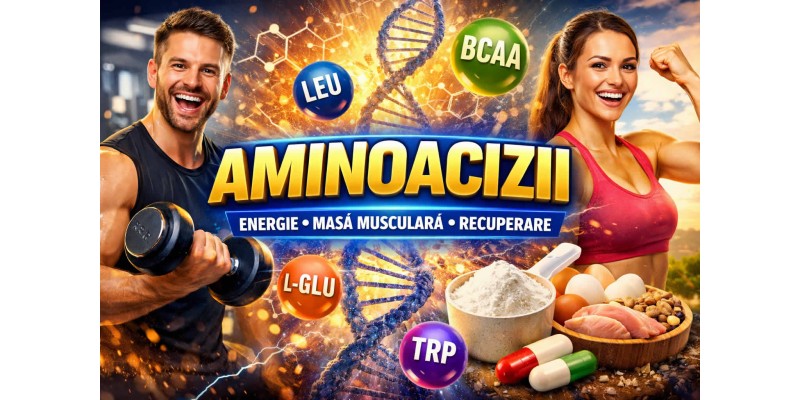 Aminoacizii banner cu sportivi, surse de proteine și mesaj despre energie, masă musculară și recuperare