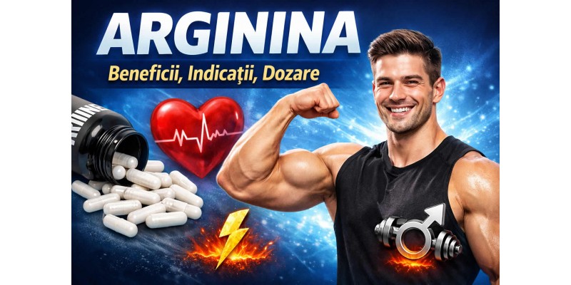 Arginina beneficii, indicații și dozare – banner cu bărbat sportiv, capsule și simbol pentru circulație și energie