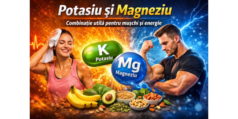 Potasiu si magneziu pentru muschi si energie banner cu sportivi si alimente bogate in minerale