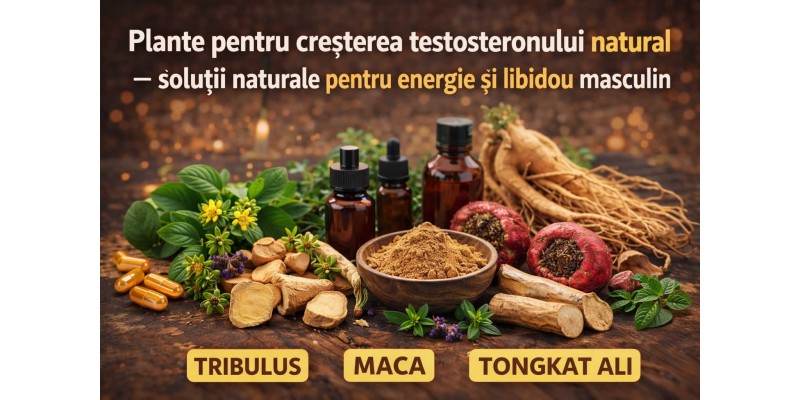 Plante pentru cresterea testosteronului natural la barbati precum tribulus maca si tongkat ali pentru energie libidou si vitalitate masculina