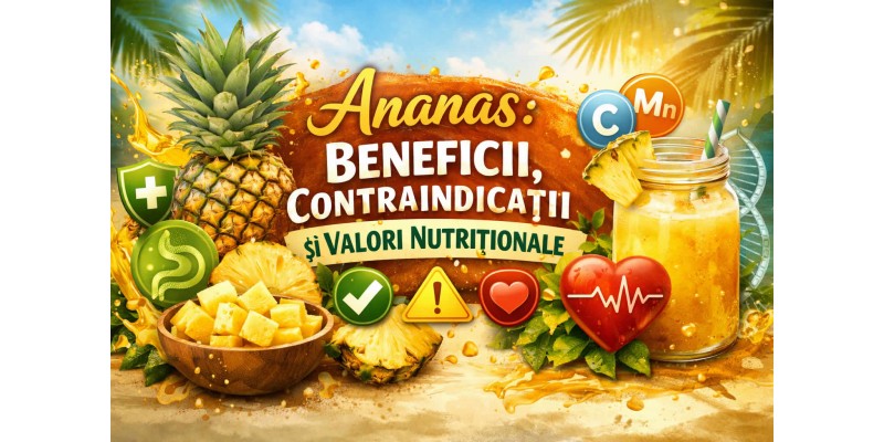 Ananas proaspăt tăiat, cu aspect apetisant, imagine banner despre beneficiile ananasului, bromelaină, digestie și imunitate