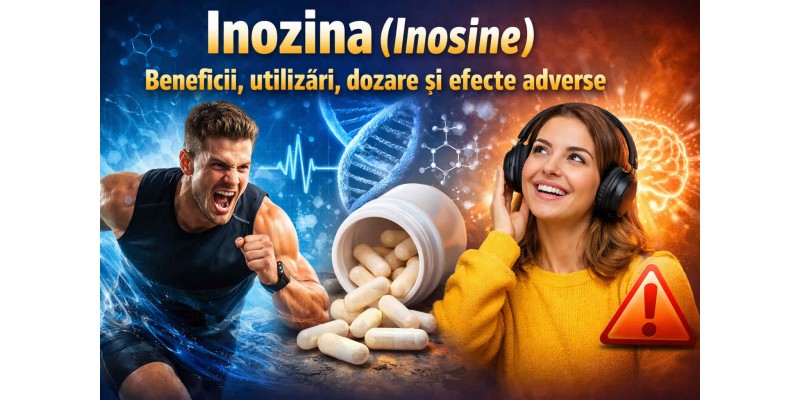 Inozina Inosine beneficii utilizari dozare si efecte adverse banner informativ pentru energie performanta si concentrare