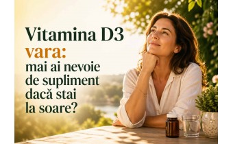 Femeie la soare vara, lângă un supliment cu vitamina D3, banner pentru articolul despre necesitatea suplimentării în sezonul cald