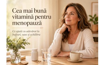 Femeie la menopauză într-un cadru luminos, cu suplimente, apă și ceai, imagine pentru articol despre cea mai bună vitamină pentru menopauză