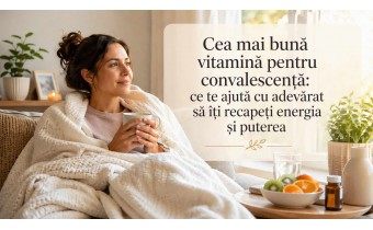 Femeie în convalescență acasă, învelită cu pătură, cu ceai, apă, fructe și vitamine pentru refacere după boală